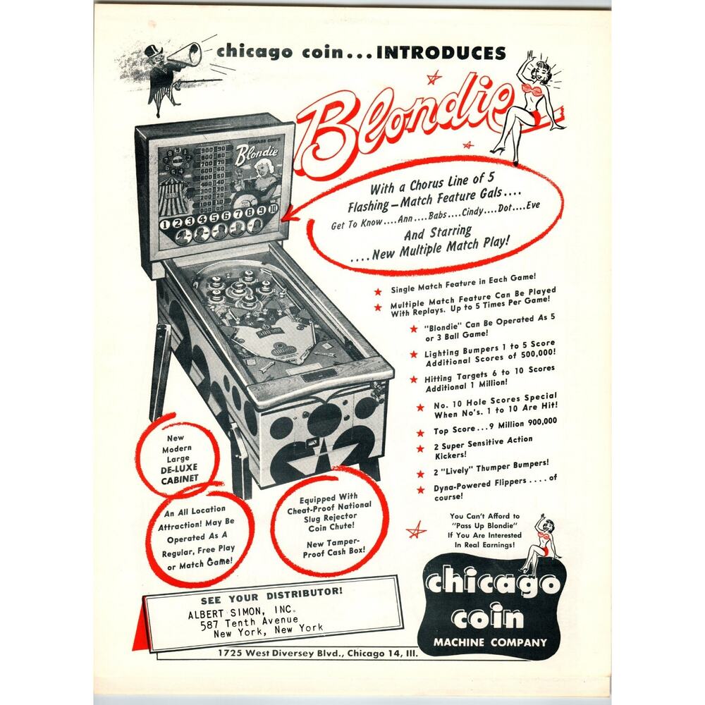 Blondie Pinball Machine FLYER Original 1956 Vintage Coin-Op Amusement Game Art